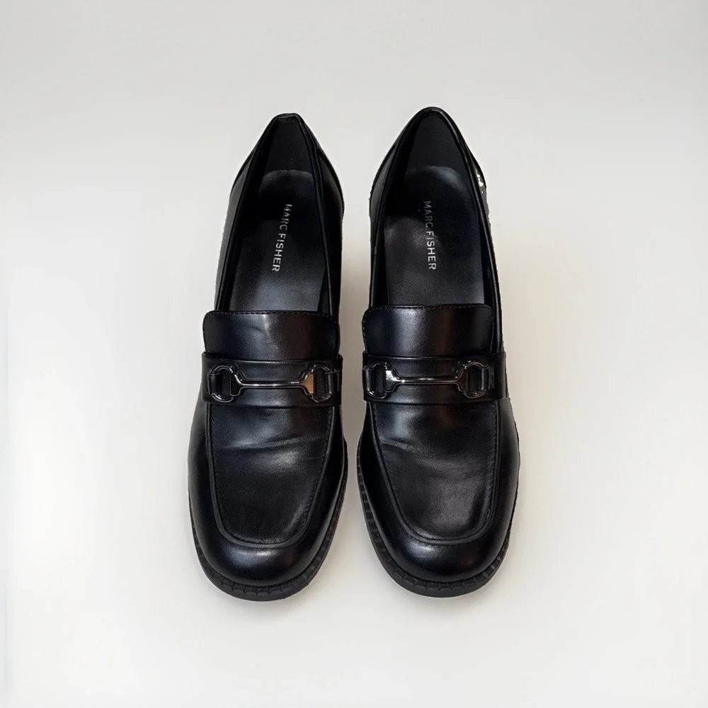 Marc Fisher Chunky Loafers Size 10M Black Faux Leather Block Heel 90s Inspired